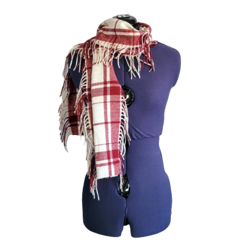 Banana Republic Red and White Plaid Fringe Scarf Wool Angora Blend